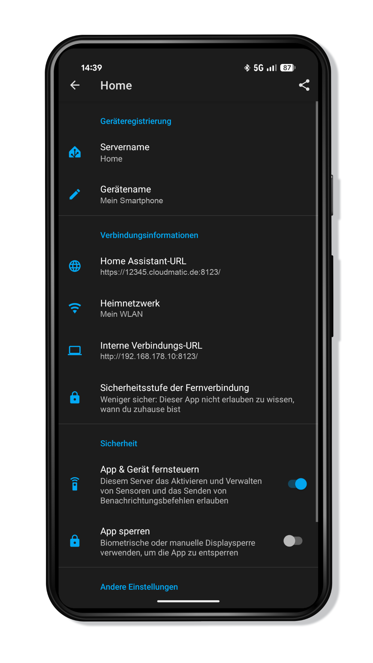 Home Assistant Companion-App - Servereinstellungen