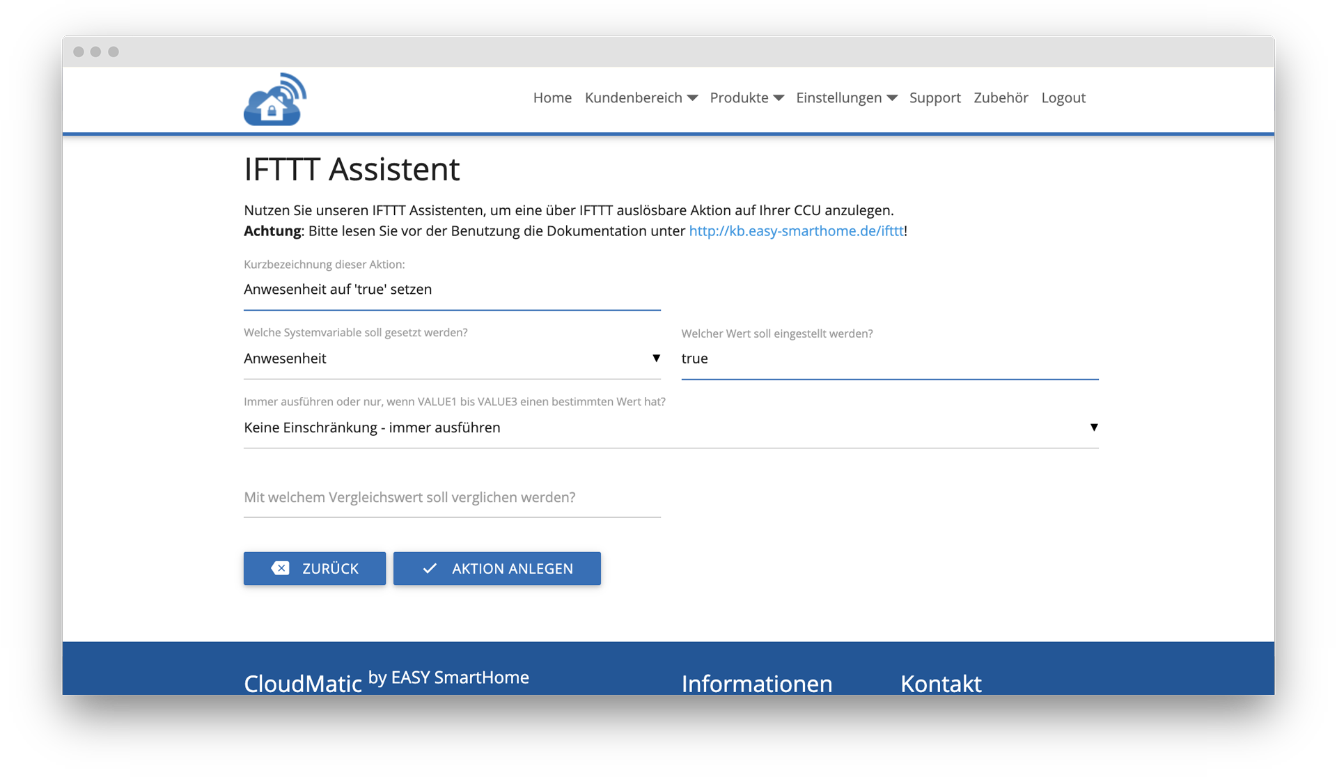 IFTTT - CloudMatic Aktion - Anlegen im Detail