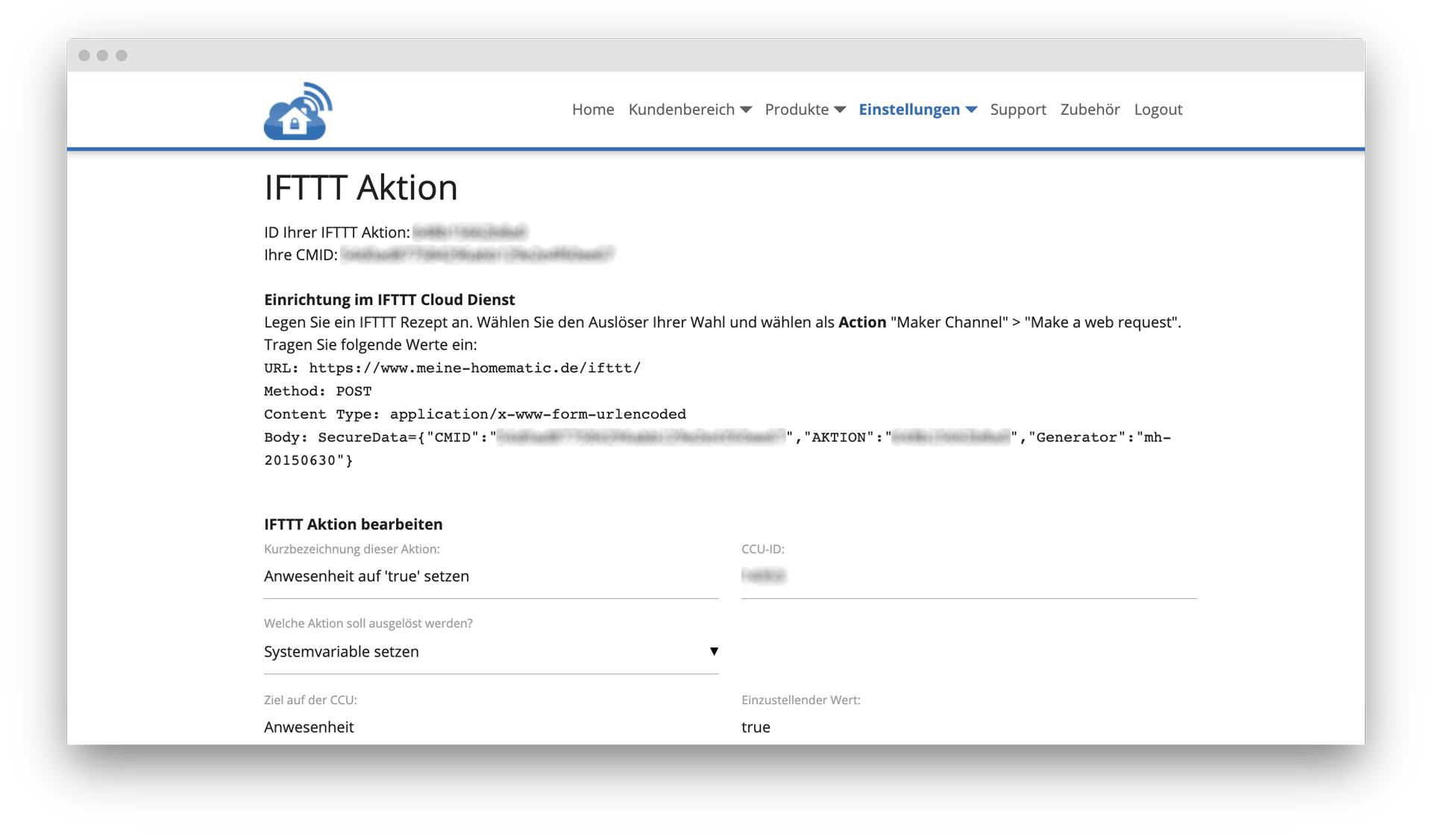 IFTTT - CloudMatic Aktion - Details